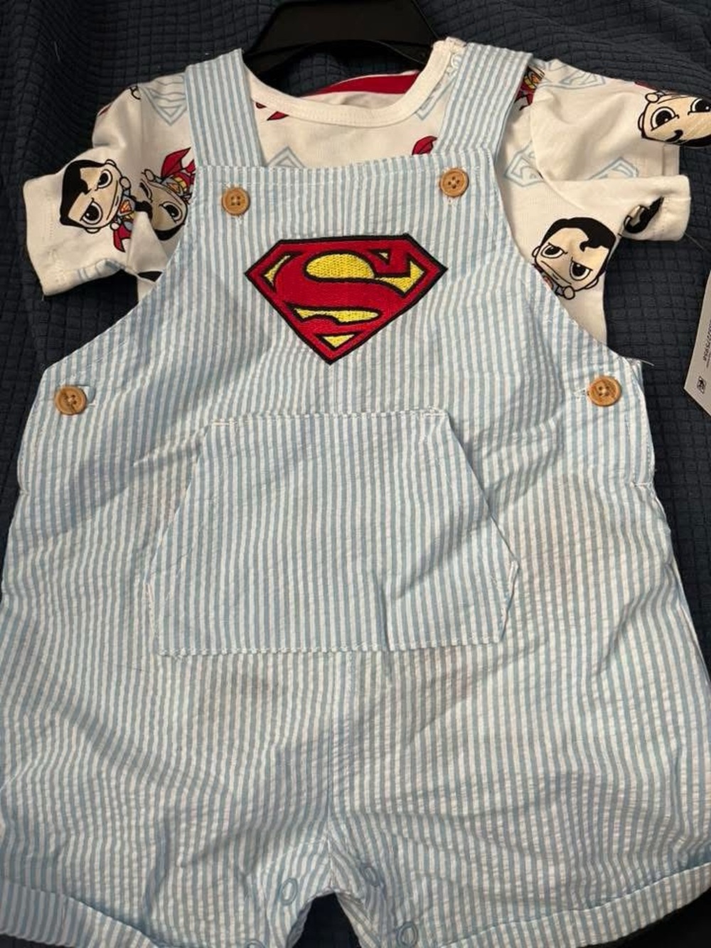 Superman Stripe Overalls Romper with Graphic Tee - Light Blue & White